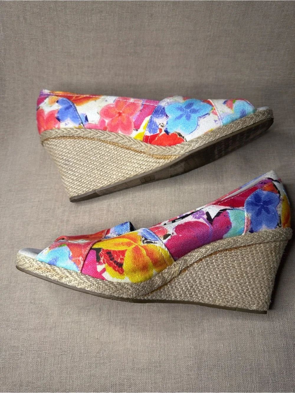 TOMS Multicolor Floral Canvas Wedge Espadrille - Pink, Orange, Blue